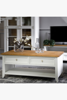 Fenyőfa provence stílusú fehér-barna dohányzóasztal fiókokkal